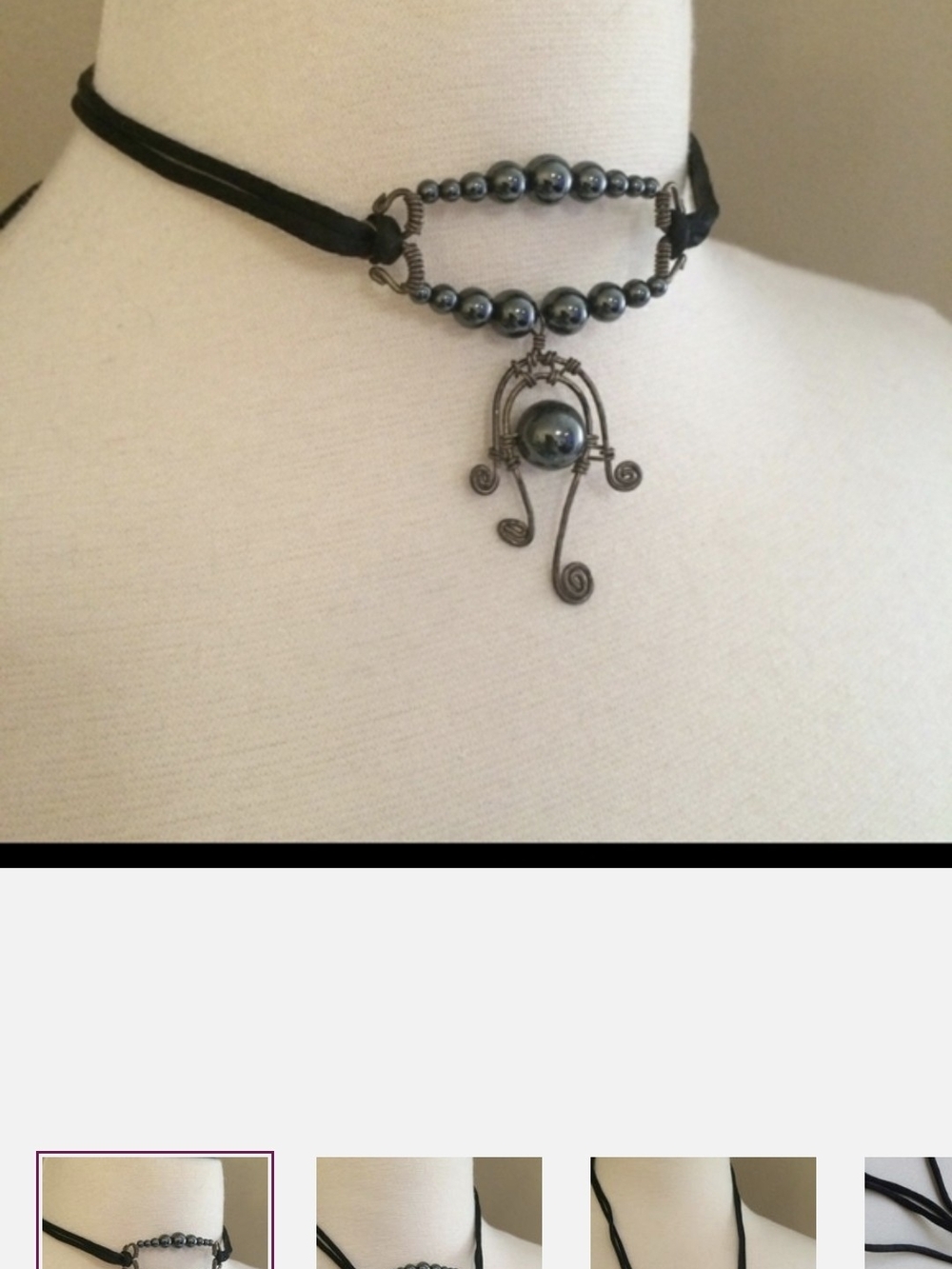Nordstrom Black Beaded Choker with Antique Silver Pendant Black Pearl Beads